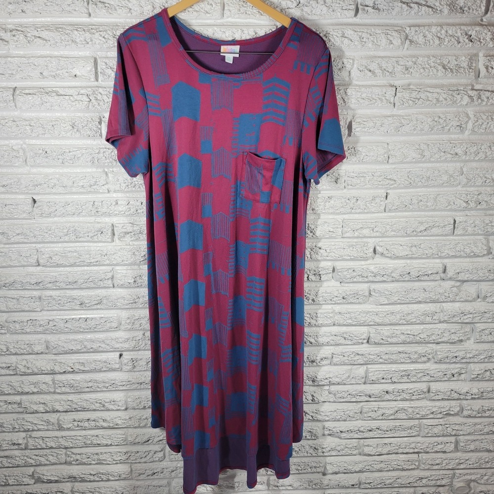 LuLaRoe 2XL Purple Blue Geometric Asymmetric High Low Dress Crew Neck Knit Top